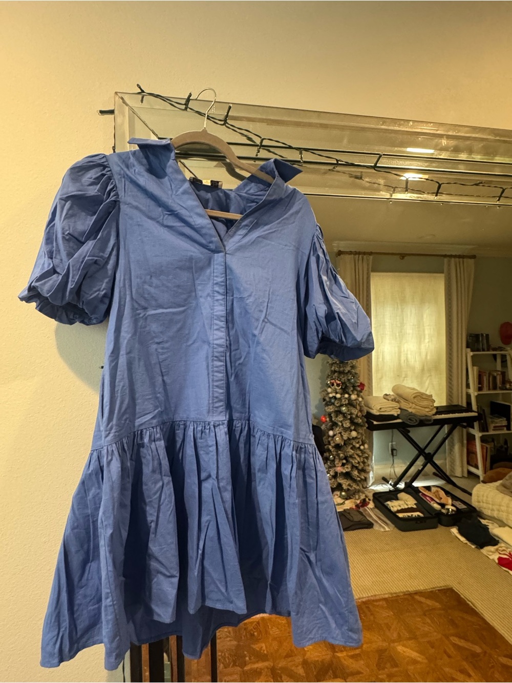 Pinch Blue Puff Sleeve Tiered Dress